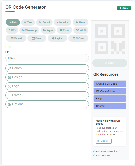 ZaitoonBites generator workspace with QR type buttons, preview panel and QR resources.