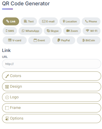 ZaitoonBites Link QR workflow showing the URL field and QR type buttons.